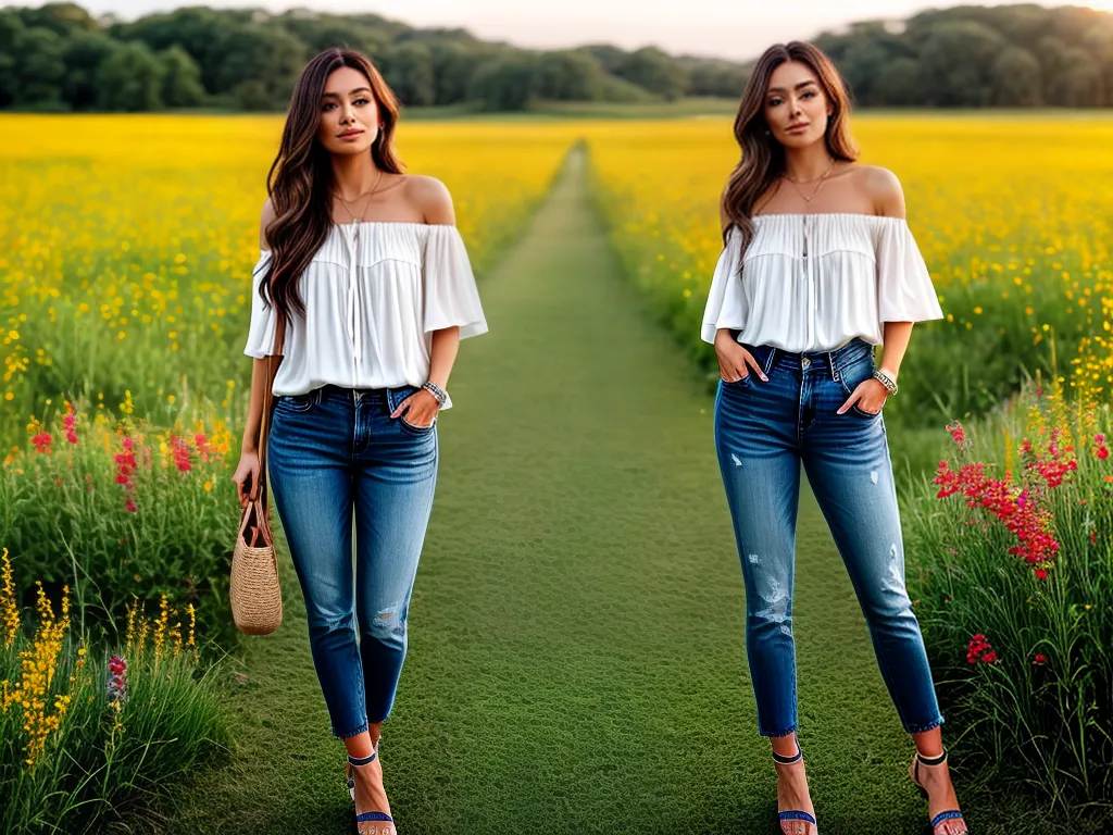 Fotos blusa ombro jeans sandalia campo por do sol
