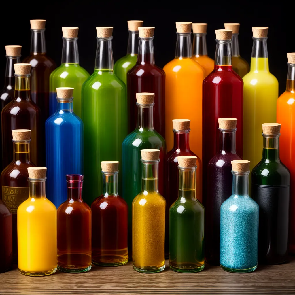 Fotos cachaca garrafas coloridas prateleira madeira