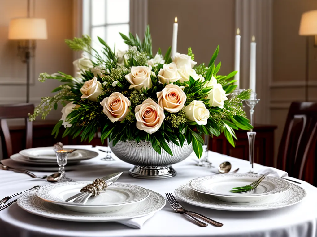 Fotos mesa elegante porcelana frutas rosas