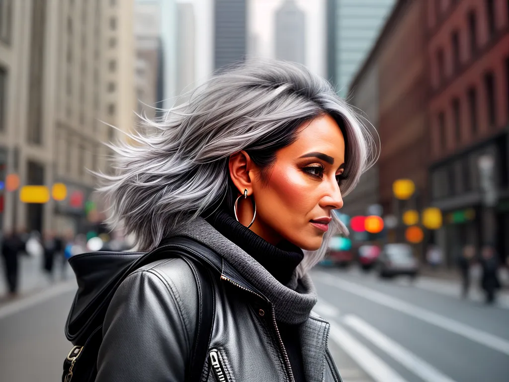 Fotos mulher cabelo cinza estiloso cidade