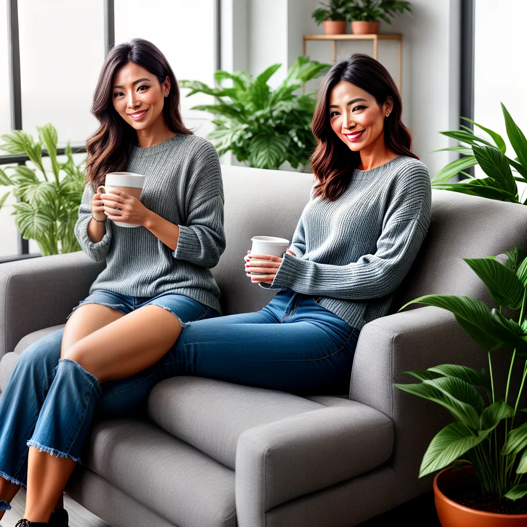 Fotos mulher sorrindo cafe sofa plantas livros