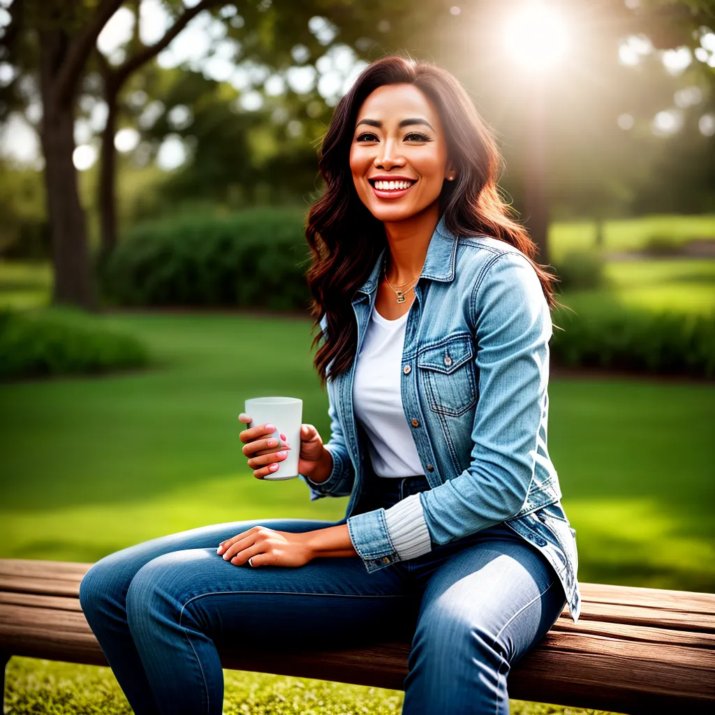 Fotos mulher sorriso banco parque cafe