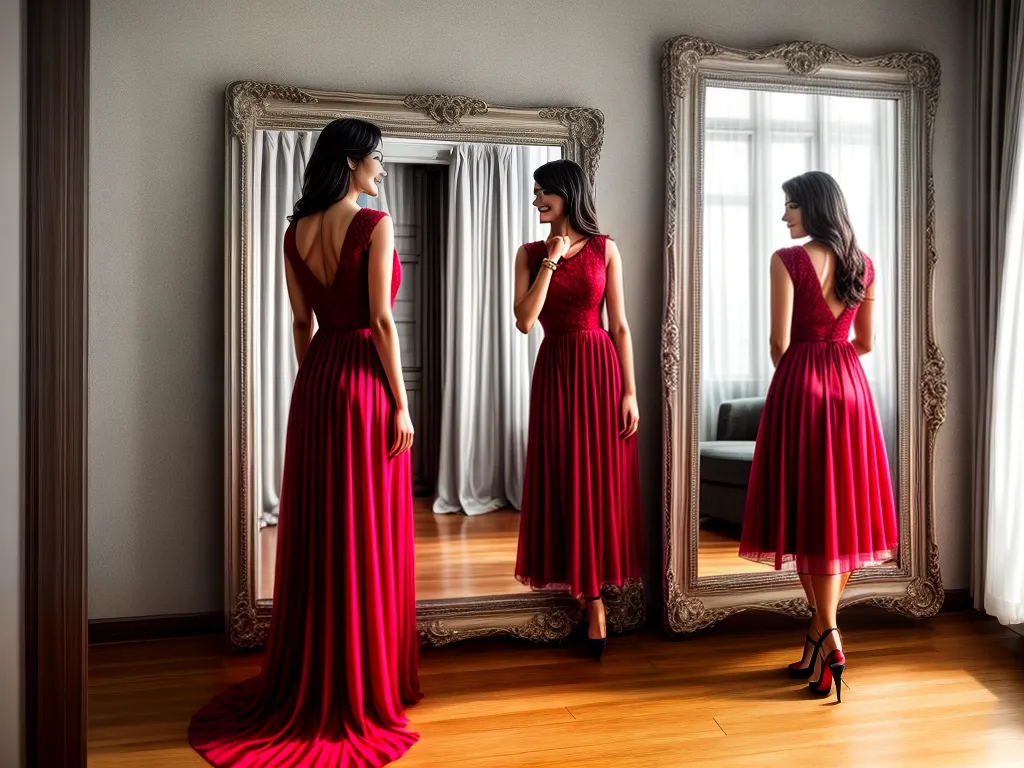 Fotos mulher vestido vermelho espelho confianca