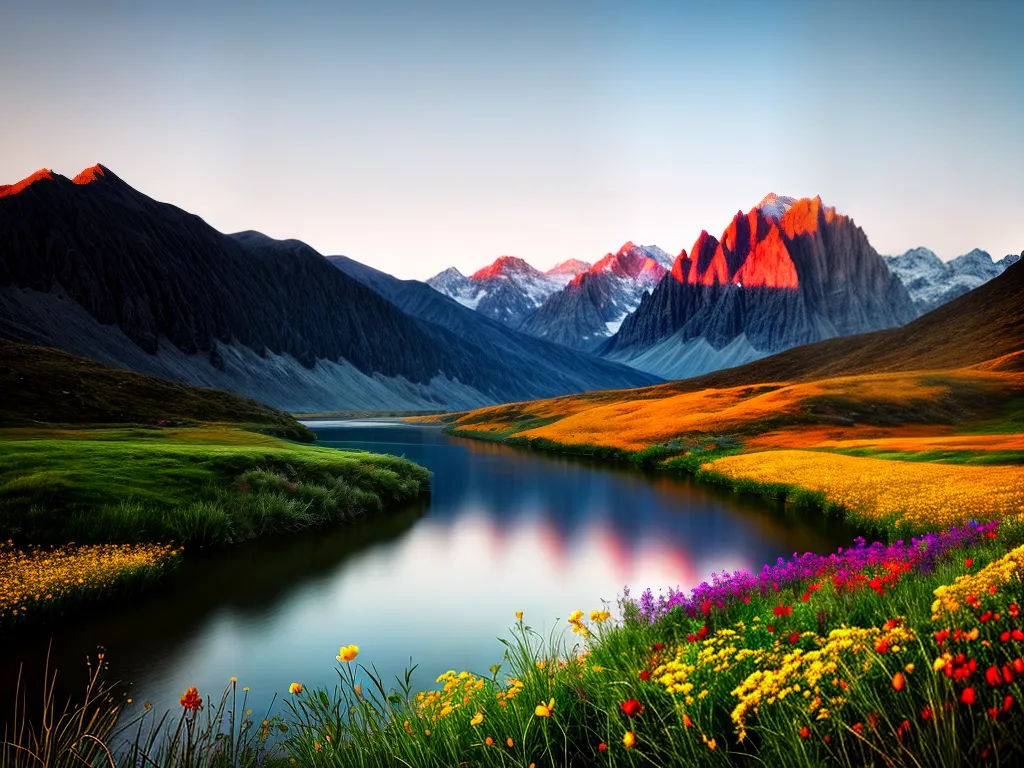 Fotos rio montanhas flores ceu paisagem
