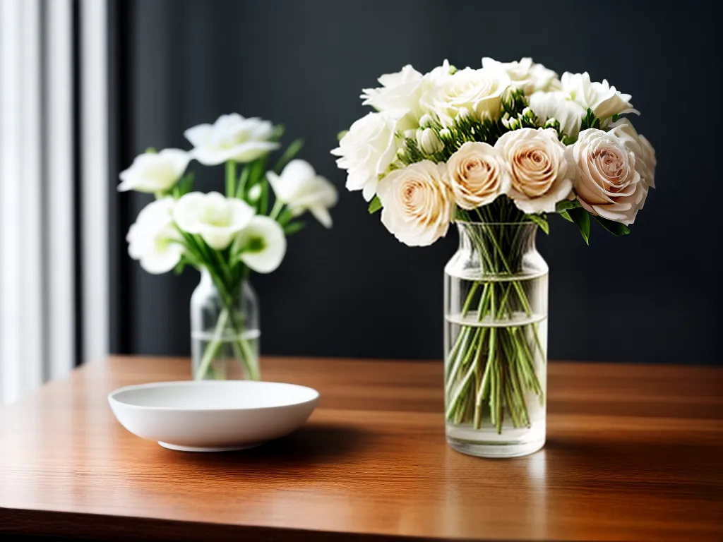 Fotos vaso flores brancas mesa madeira arte