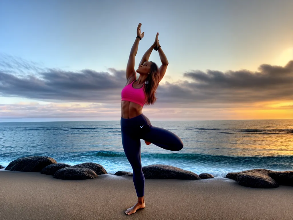 Fotos yoga praia amanhecer mulher