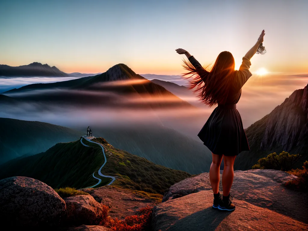 Fotos mulher poderosa topo montanha por do sol