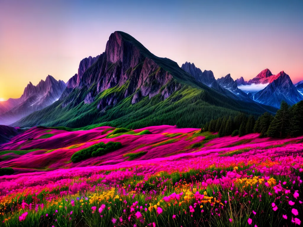 Fotos pintura montanhas por do sol flores