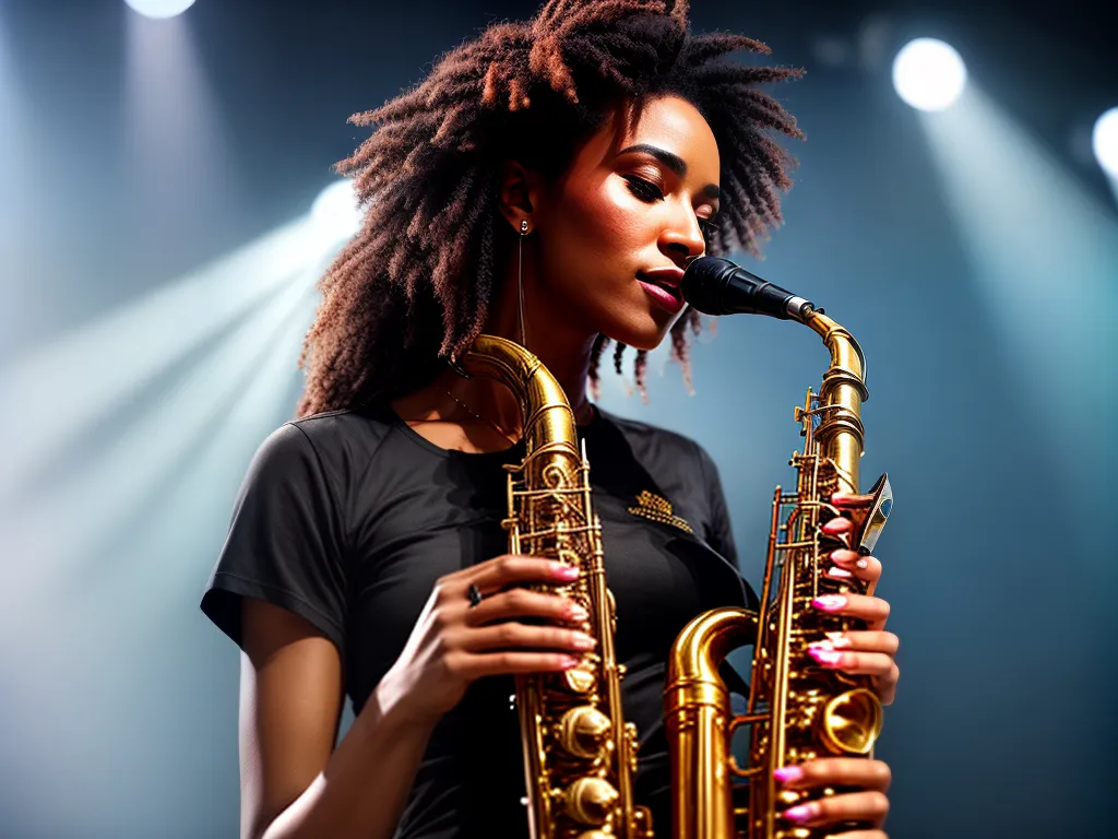 Fotos saxofonista iluminada palco multifacetada